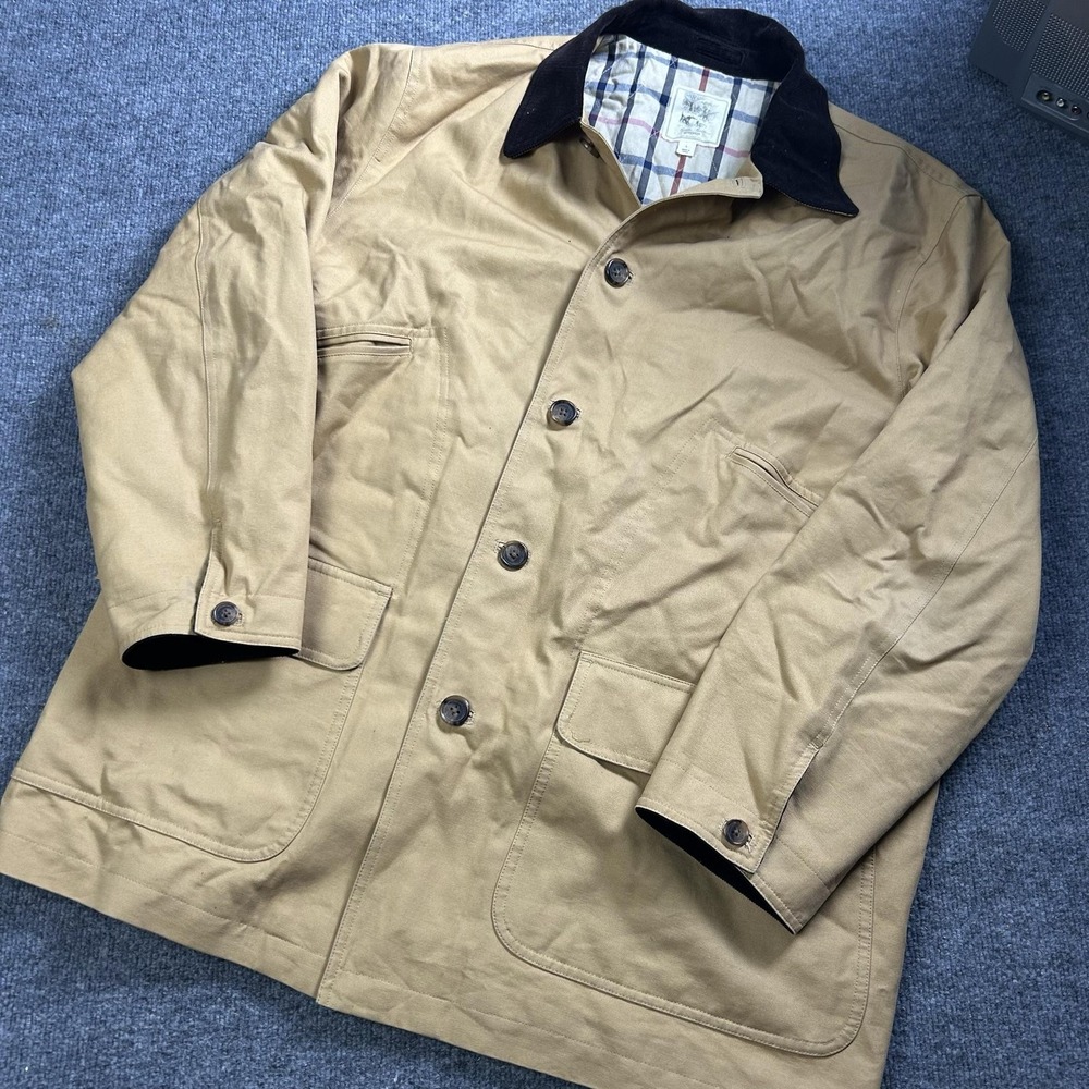 Brooks Brothers Coat Mens Large Beige Canvas Barn Overcoat Corduroy Collar Lined